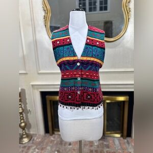 Vintage Carole Little Beaded Sweater Vest Medium Boho Knit Tank